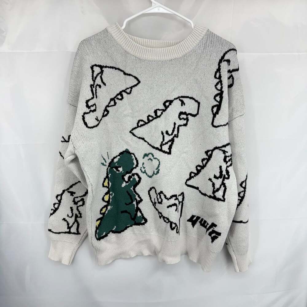 Aelfric Eden Women L Dinosaur Sweater Graphic Print Pullover Crew Neck Stretch